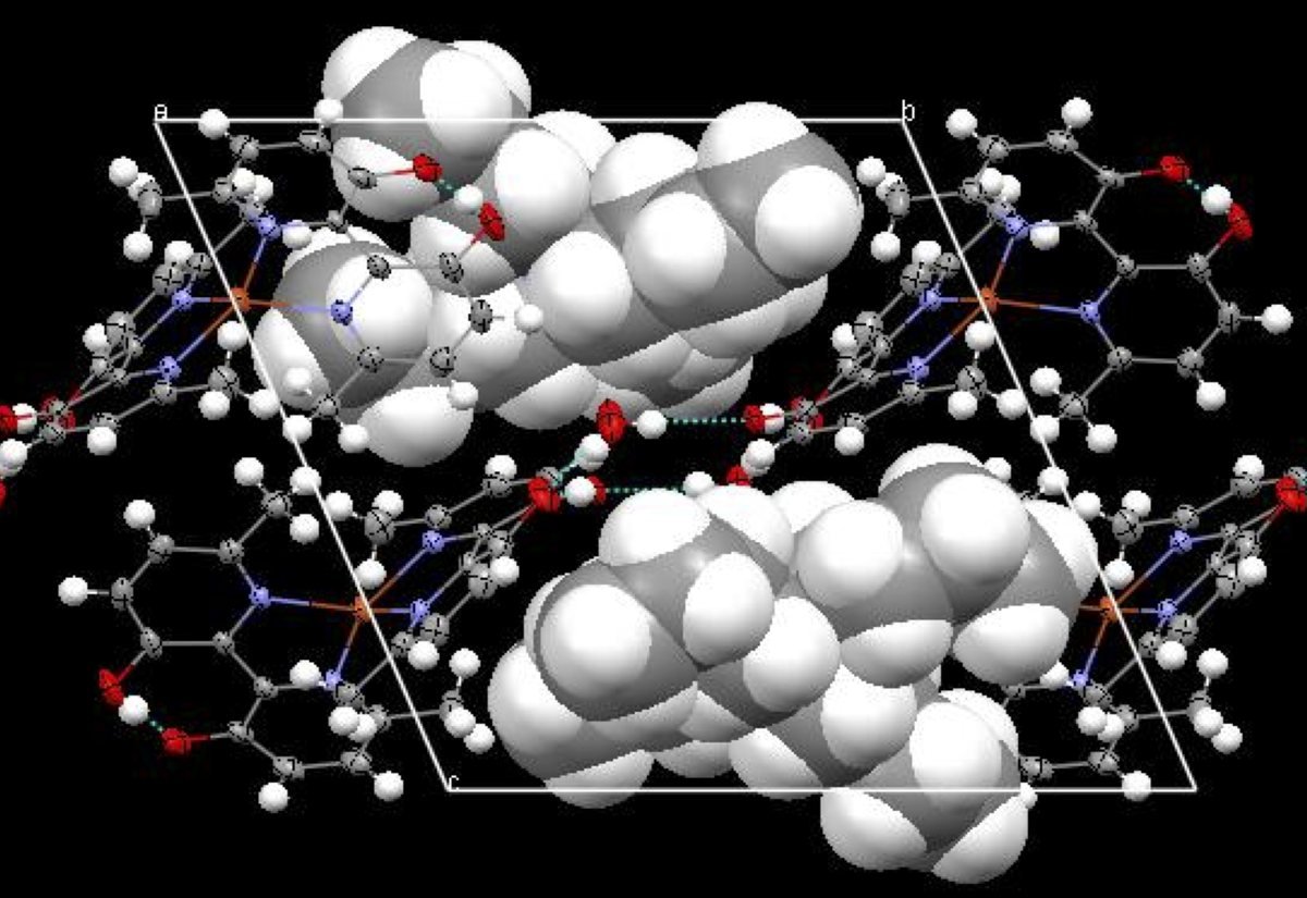 Kristallpackung des Kupfer(I)-Komplexes mit gestrichelten Wasserstoffbrücken und Tetrabutylammonium-Ionen als Kalottenmodell